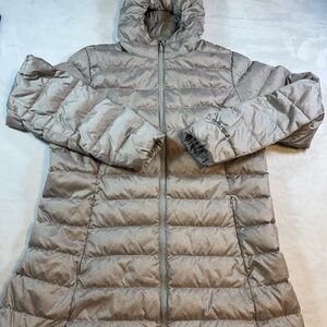 Eddie Bauer EB650 Womens Down Hooded Puffer Parka Jacket Oatmeal Beige Sz LG